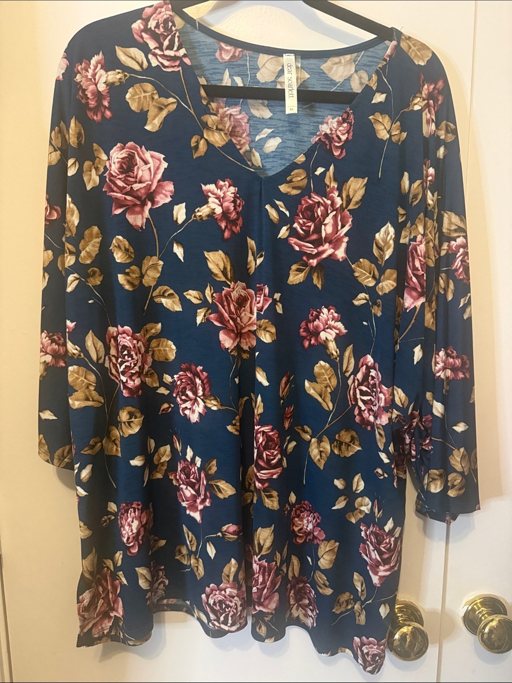 V-Neck Floral Tunic Top in Navy with Rose Print